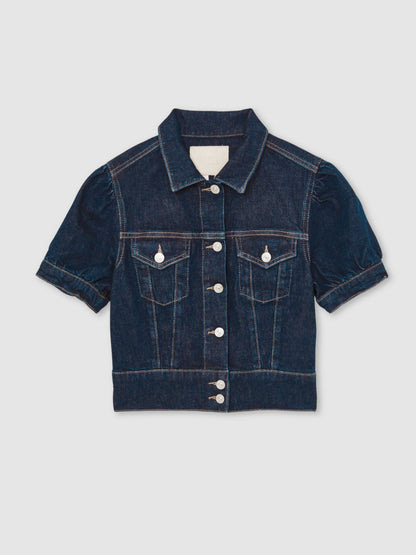 Reiss Offer - Paige Puff-Sleeve Short Denim Jacket in Emberlynn Blue