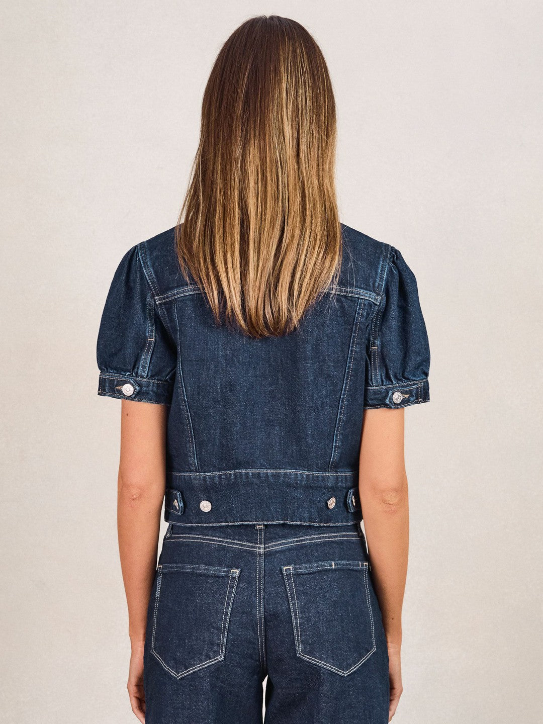 Reiss Offer - Paige Puff-Sleeve Short Denim Jacket in Emberlynn Blue