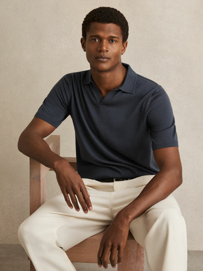 Reiss Value - Merino Wool Open Collar Polo Shirt in Midnight Navy