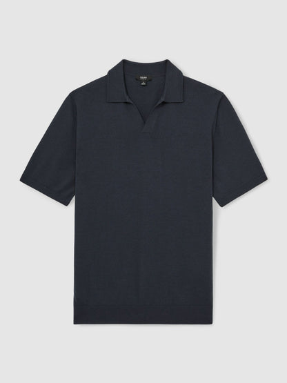 Reiss Value - Merino Wool Open Collar Polo Shirt in Midnight Navy