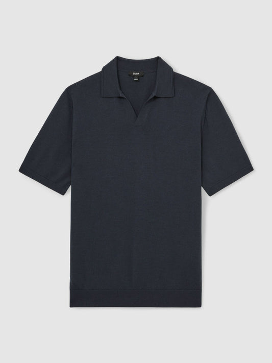 Reiss Merino Wool Open Collar Polo Shirt in Midnight Navy
