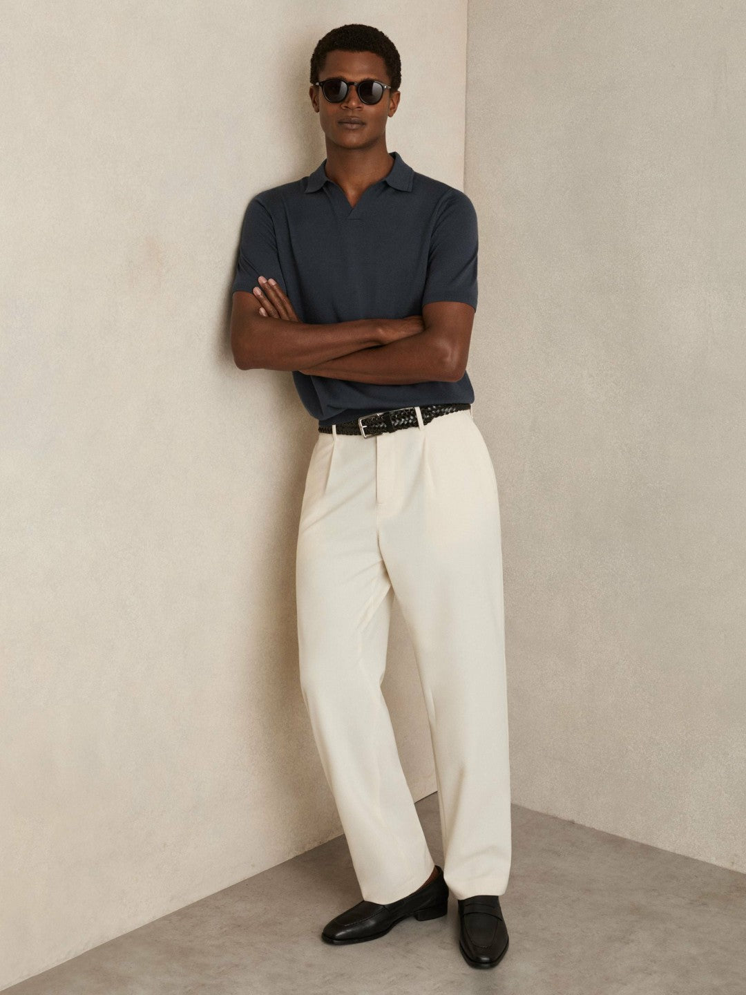 Reiss Value - Merino Wool Open Collar Polo Shirt in Midnight Navy