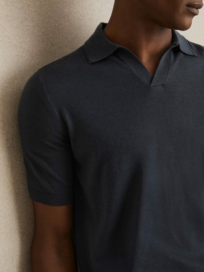 Reiss Value - Merino Wool Open Collar Polo Shirt in Midnight Navy