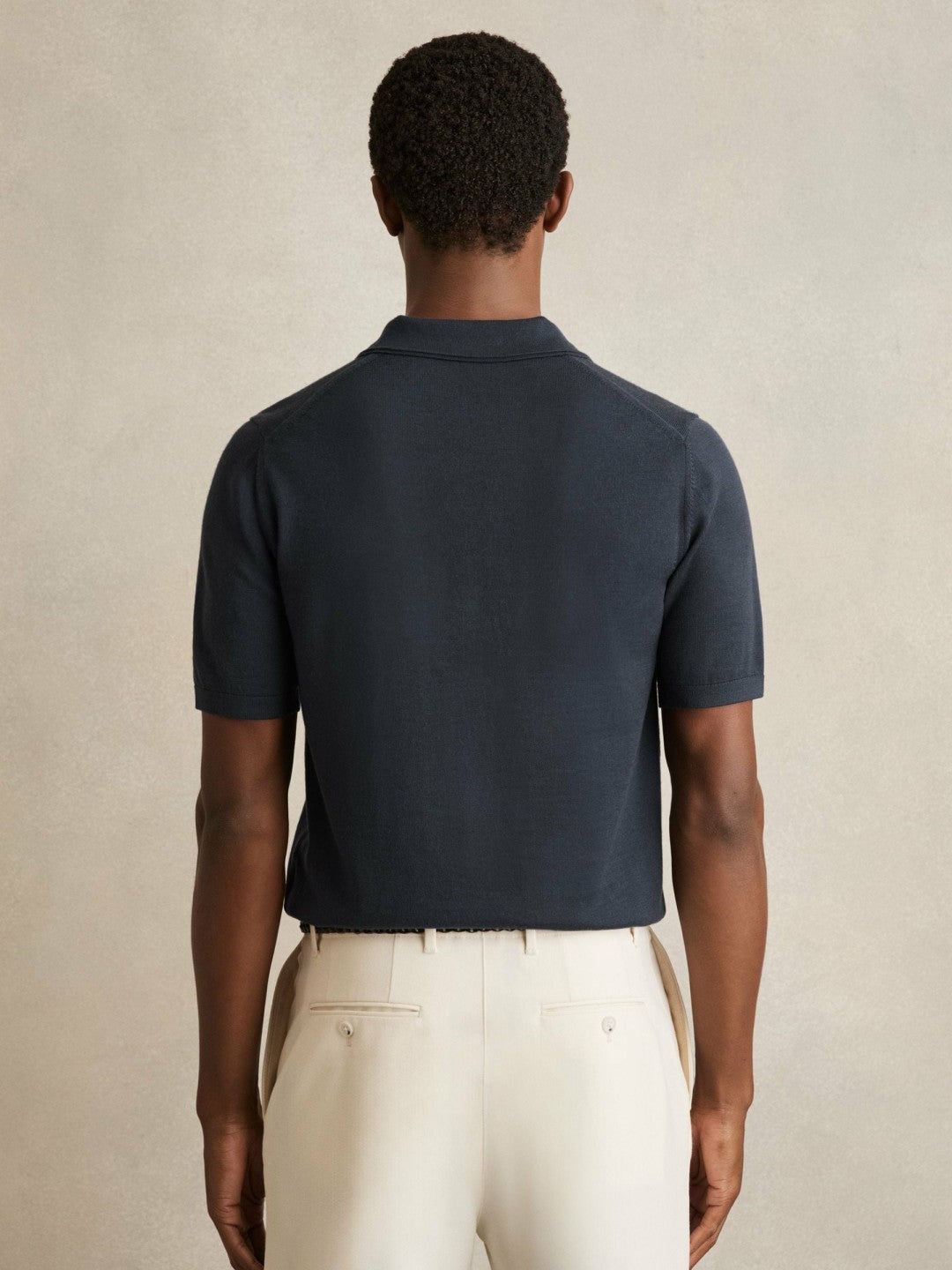 Reiss Value - Merino Wool Open Collar Polo Shirt in Midnight Navy