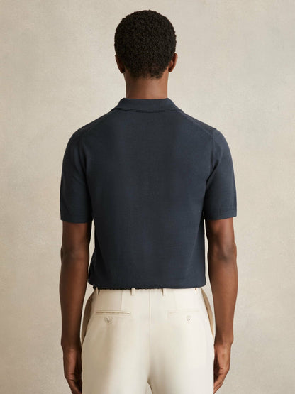 Reiss Value - Merino Wool Open Collar Polo Shirt in Midnight Navy