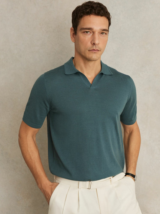 Reiss Popular Choice - Merino Wool Open Collar Polo Shirt in Orion Blue