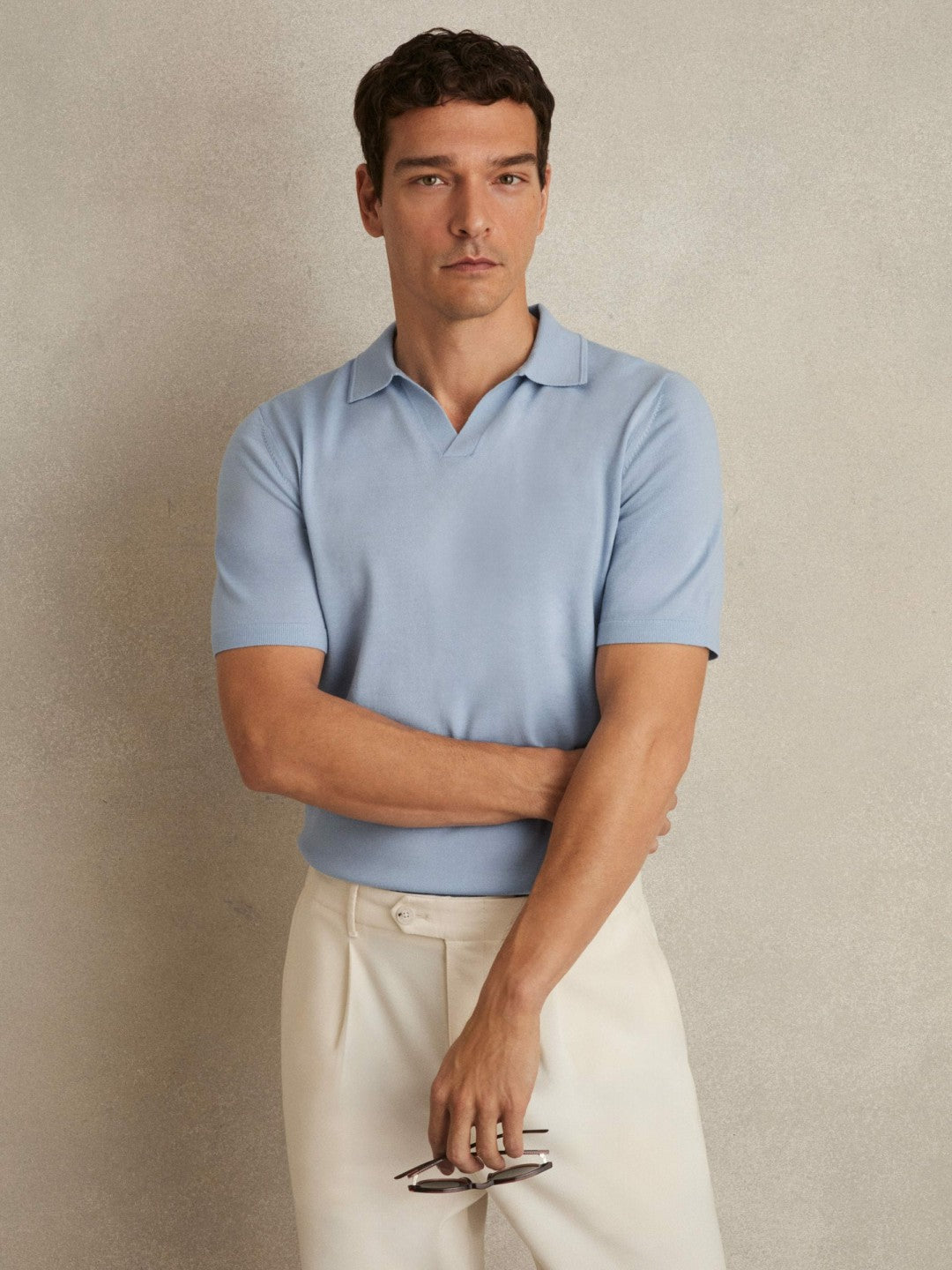 Reiss Savings - Merino Wool Open Collar Polo Shirt in Soft Blue