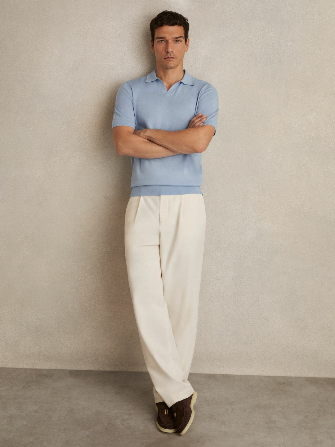 Reiss Savings - Merino Wool Open Collar Polo Shirt in Soft Blue