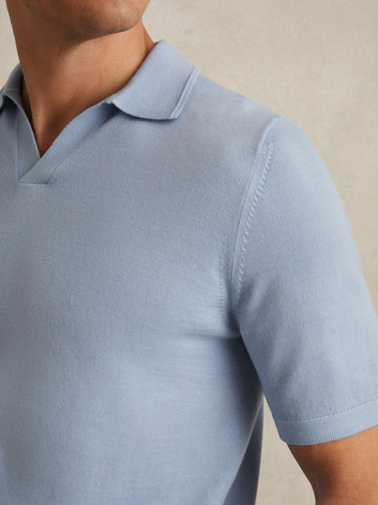 Reiss Savings - Merino Wool Open Collar Polo Shirt in Soft Blue