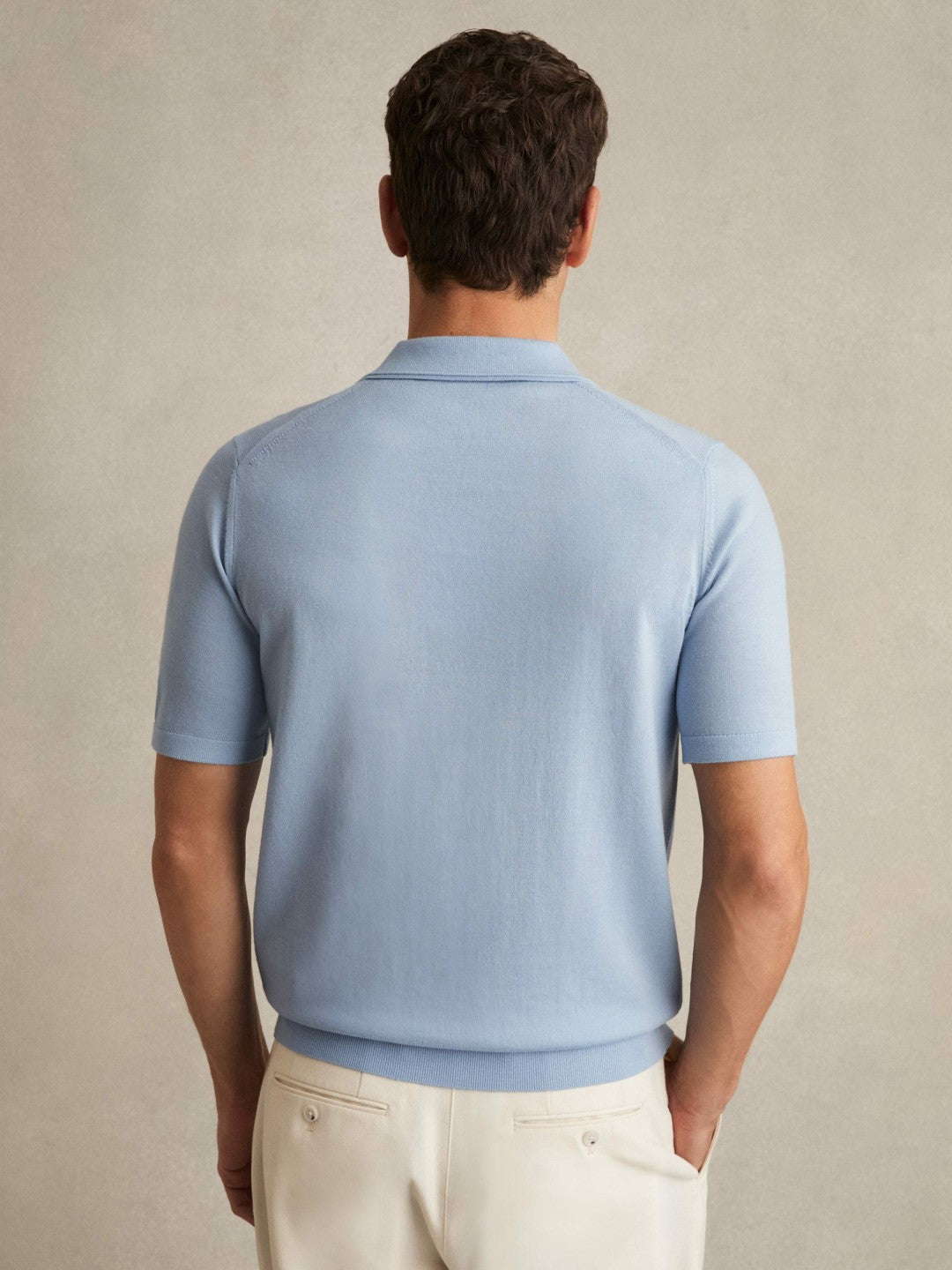 Reiss Savings - Merino Wool Open Collar Polo Shirt in Soft Blue