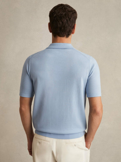 Reiss Savings - Merino Wool Open Collar Polo Shirt in Soft Blue