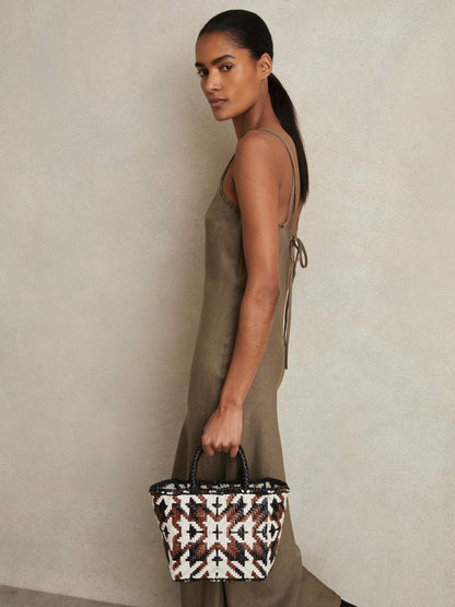 Reiss Value - Small Leather Woven Tote Bag in Tan/White/Black