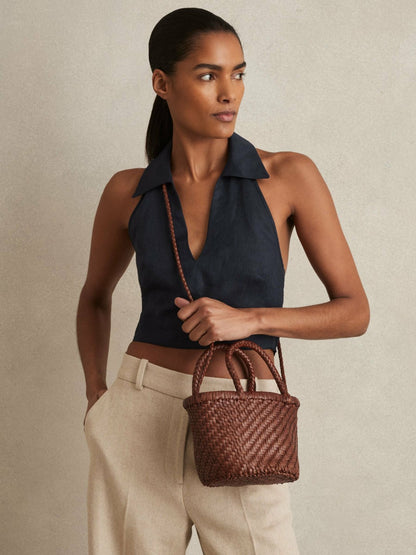 Reiss Affordable - Leather Woven Mini Tote Bag in Tan