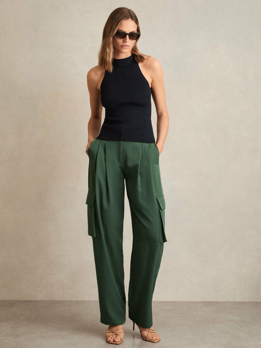 Reiss Wide-Leg Pleated Cargo Trousers in Green