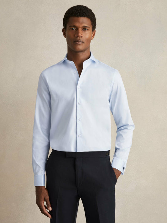 Reiss Regular Fit Slim-Fit Cotton Double-Cuff Shirt in Soft Blue