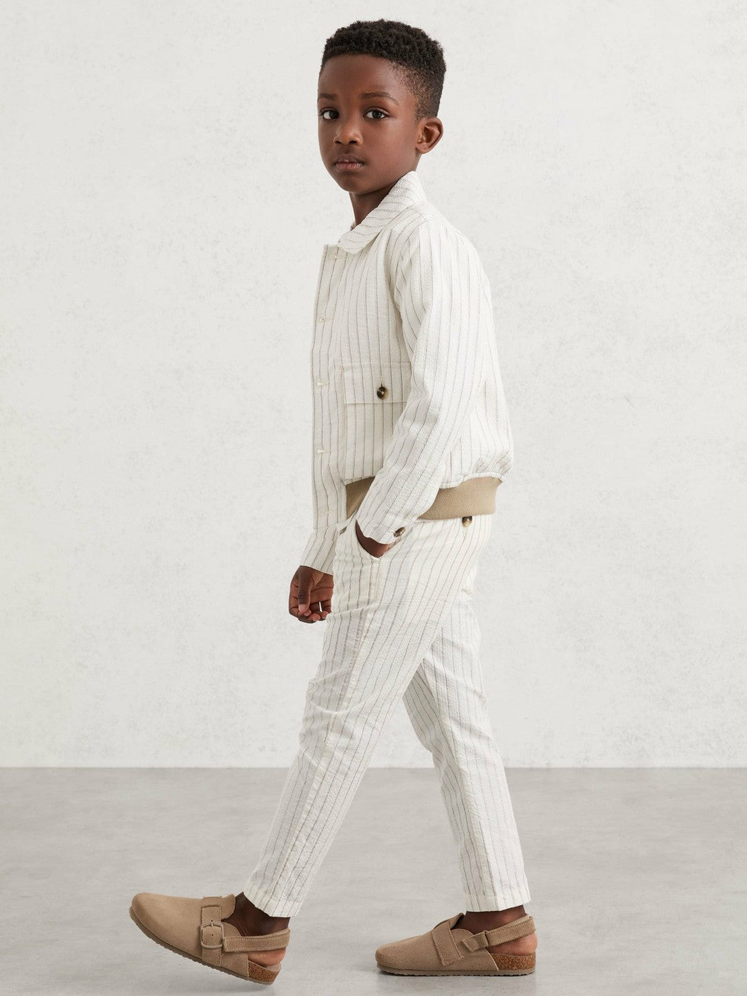 Reiss Affordable - 13-14 yrs Cotton Pinstripe Trousers Regular-Fit in Off White/Taupe Brown