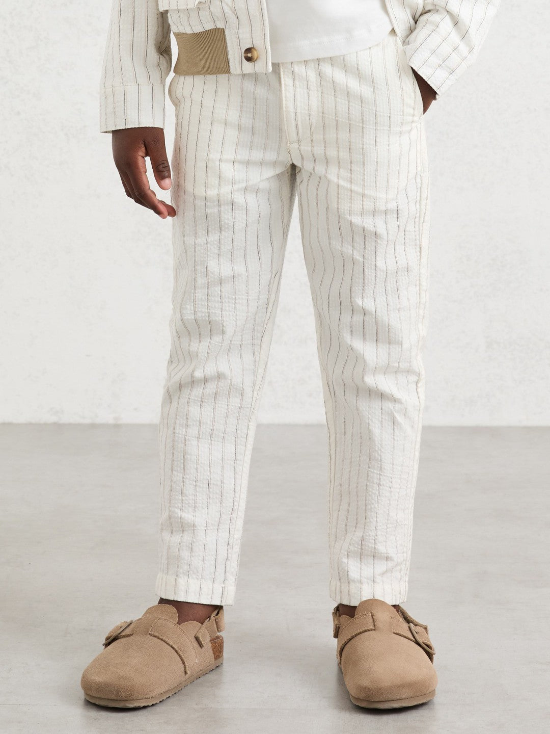 Reiss Affordable - 13-14 yrs Cotton Pinstripe Trousers Regular-Fit in Off White/Taupe Brown