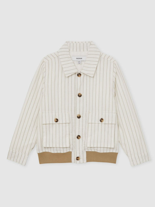 Reiss Sale - 13-14 yrs Cotton Pinstripe Harrington Jacket in Off White/Taupe Brown