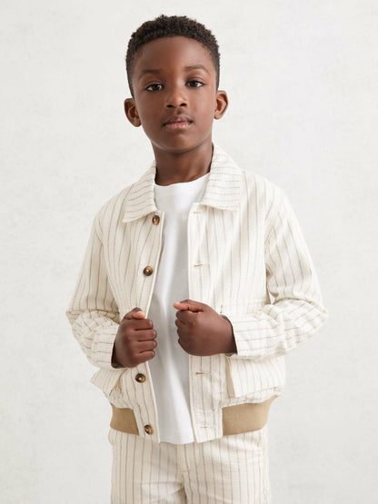 Reiss Sale - 13-14 yrs Cotton Pinstripe Harrington Jacket in Off White/Taupe Brown
