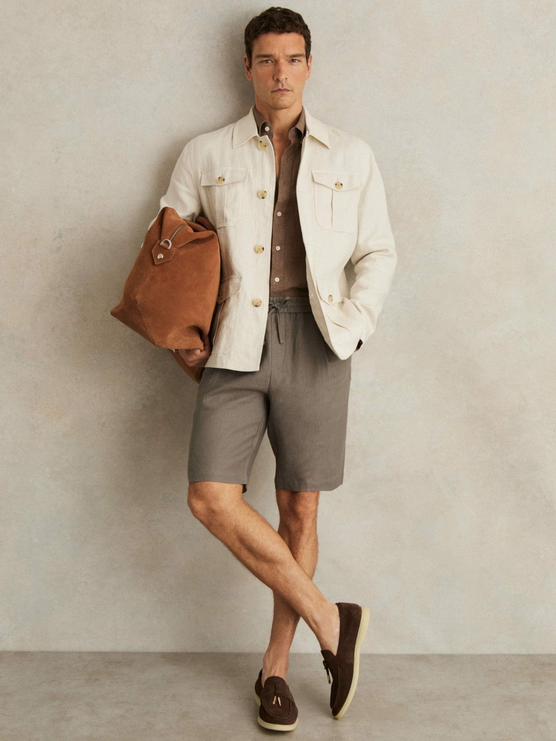 Reiss Deal - Linen Drawstring Shorts in Mushroom Brown