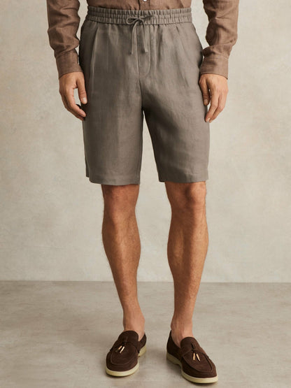 Reiss Deal - Linen Drawstring Shorts in Mushroom Brown