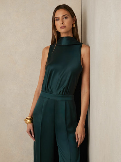 Reiss Satin Cape-Sash Jumpsuit in Teal Green