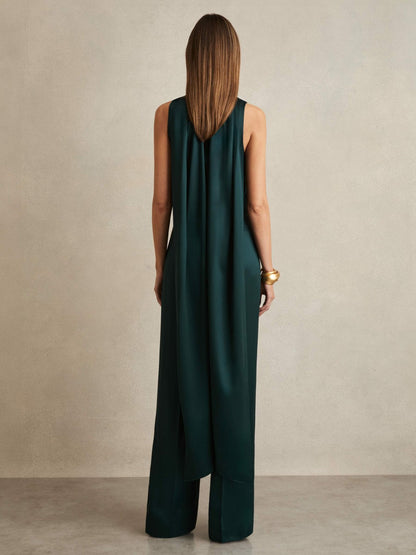 Reiss Satin Cape-Sash Jumpsuit in Teal Green