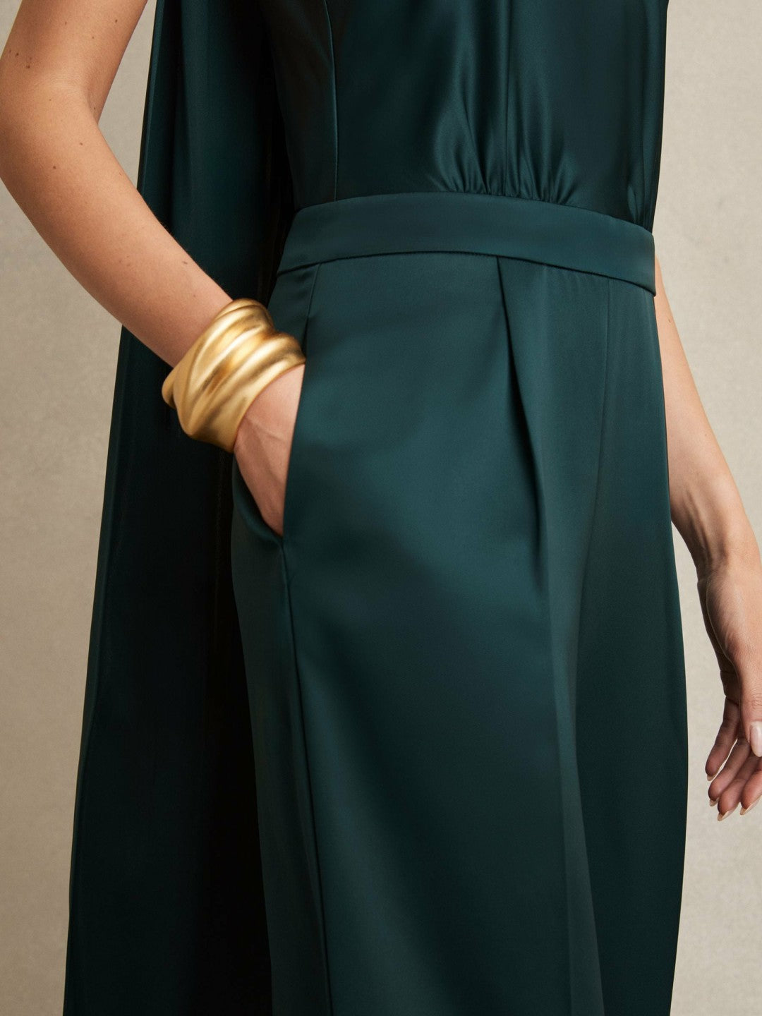 Reiss Satin Cape-Sash Jumpsuit in Teal Green