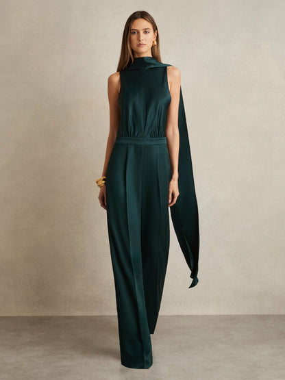 Reiss Satin Cape-Sash Jumpsuit in Teal Green