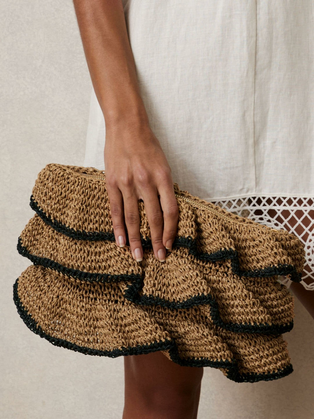 Reiss Deal - Raffia Ruffle Clutch Bag in Natural
