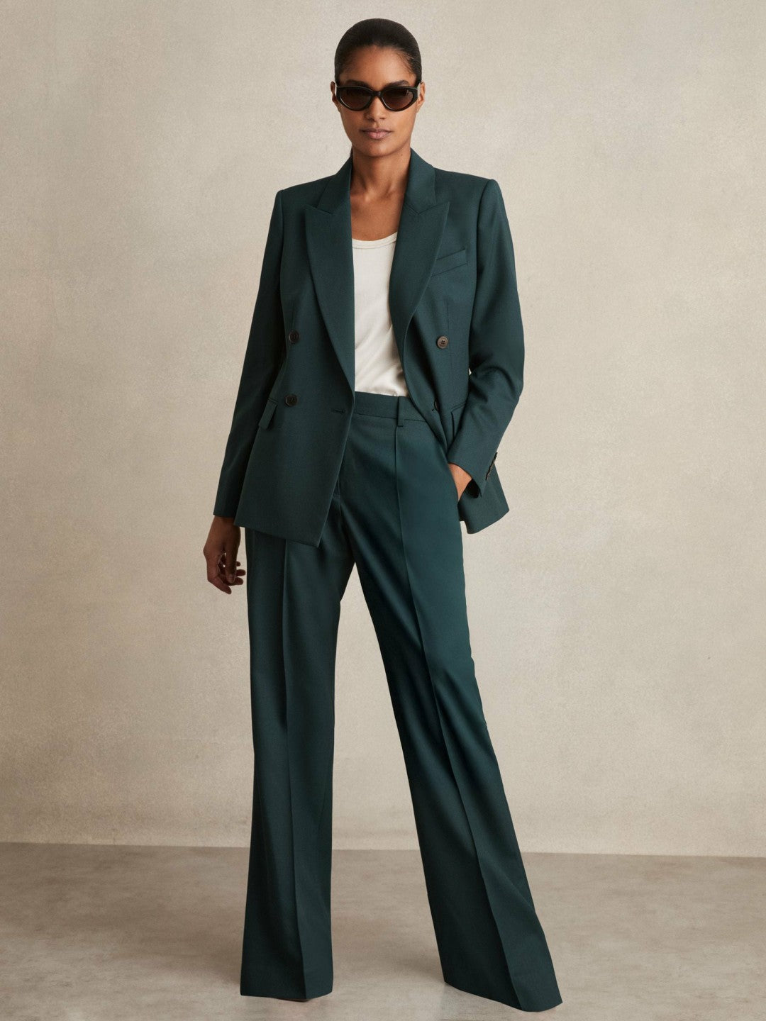 Reiss Wool-Blend Wide-Leg Suit Trousers in Green