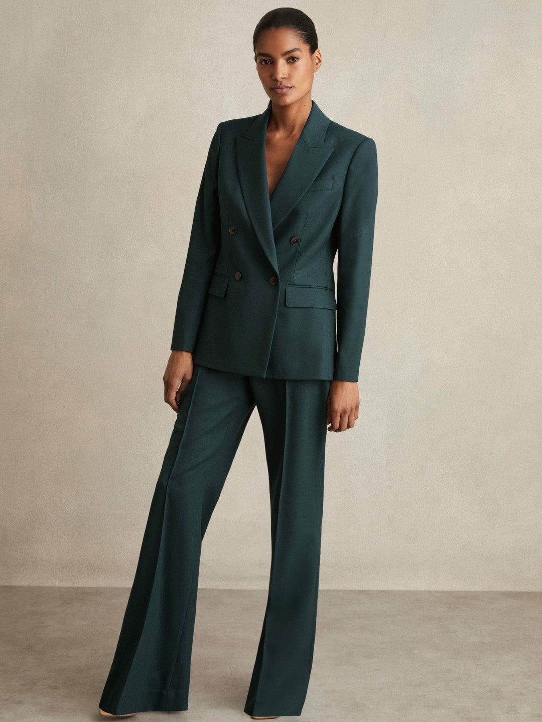 Reiss Wool-Blend Wide-Leg Suit Trousers in Green
