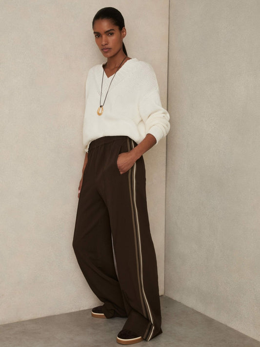 Reiss Affordable - Side-Stripe Wide-Leg Trousers in Chocolate Brown