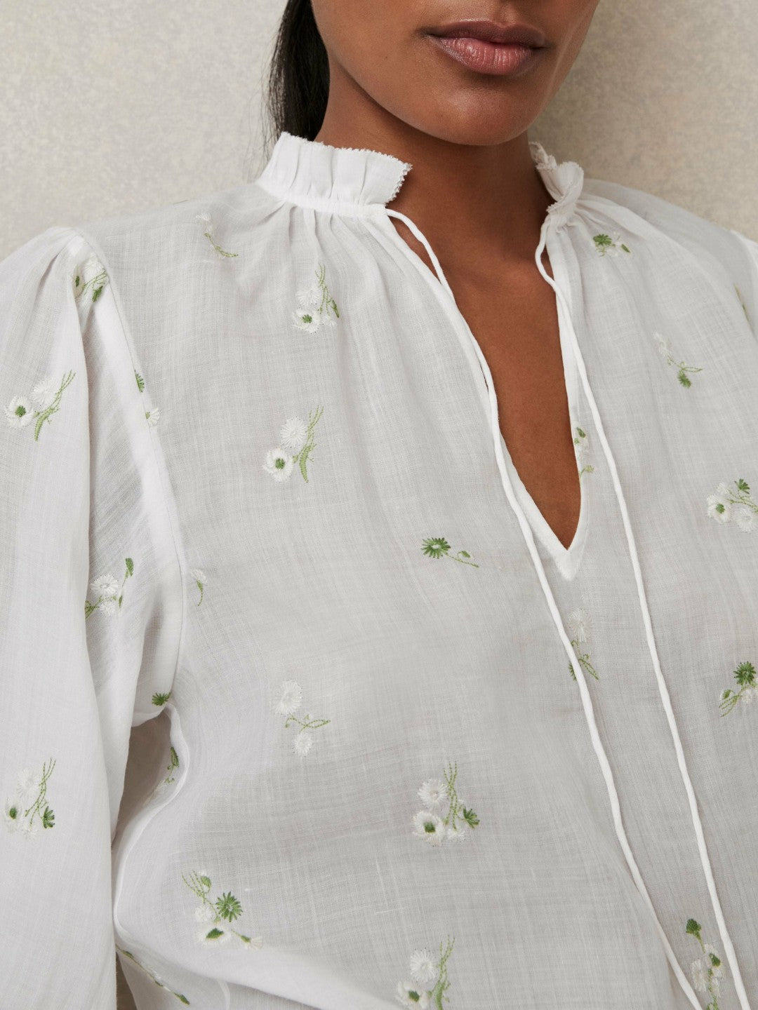 Reiss Floral-Embroidered Tie-Neck Blouse Ramie-Lyocell in Ivory