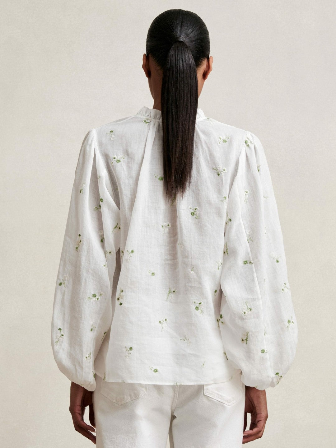 Reiss Floral-Embroidered Tie-Neck Blouse Ramie-Lyocell in Ivory