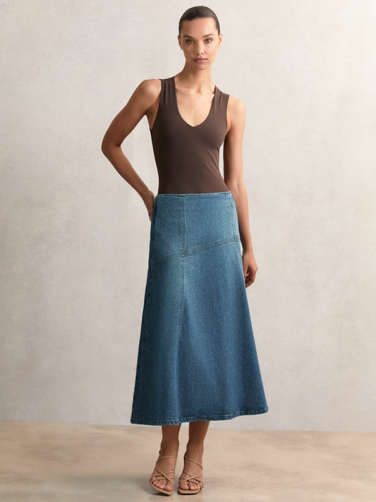 Reiss Deal - Denim Panelled Midi Skirt in Indigo