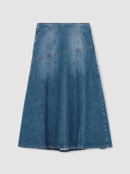 Reiss Deal - Denim Panelled Midi Skirt in Indigo