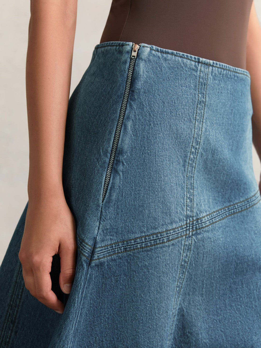 Reiss Deal - Denim Panelled Midi Skirt in Indigo