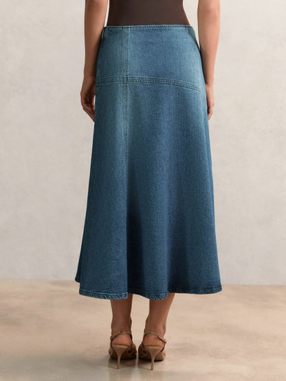 Reiss Deal - Denim Panelled Midi Skirt in Indigo