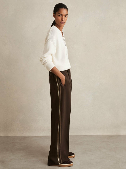 Reiss Petite Side-Stripe Wide-Leg Trousers in Chocolate Brown