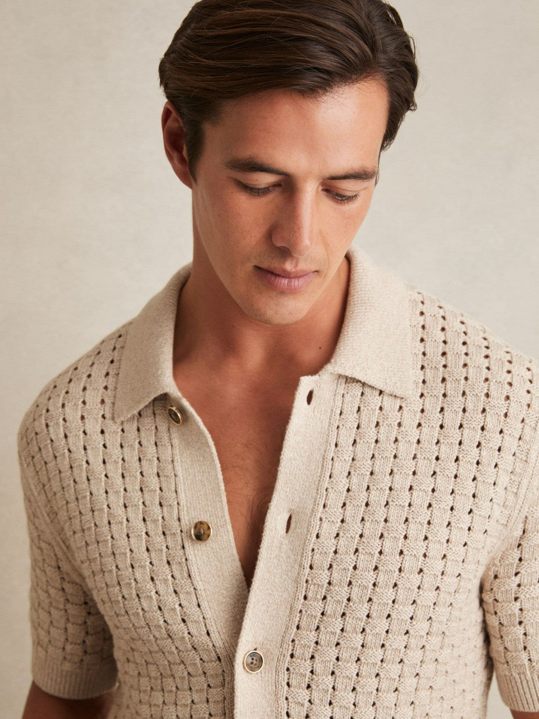 Reiss Offer - Basketweave Knit Button Through Cotton Blend Shirt in Stone