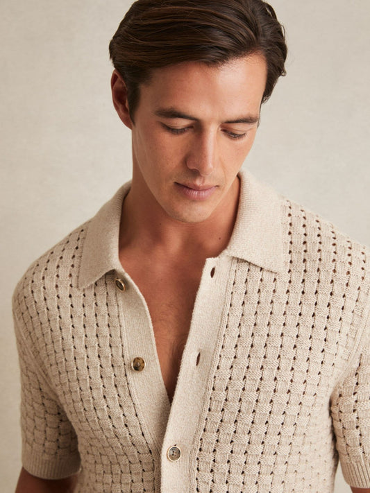 Reiss Offer - Basketweave Knit Button Through Cotton Blend Shirt in Stone