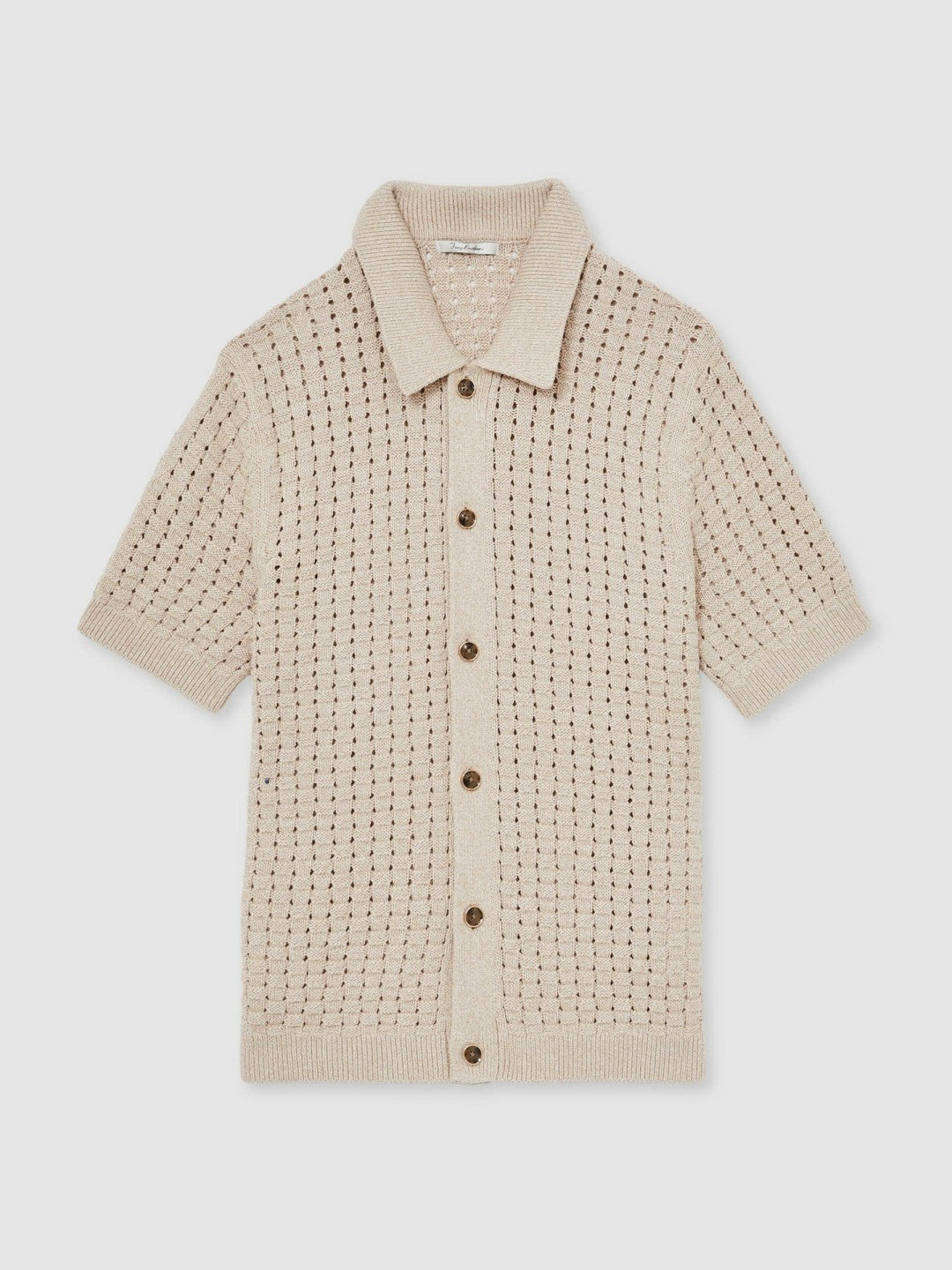 Reiss Offer - Basketweave Knit Button Through Cotton Blend Shirt in Stone