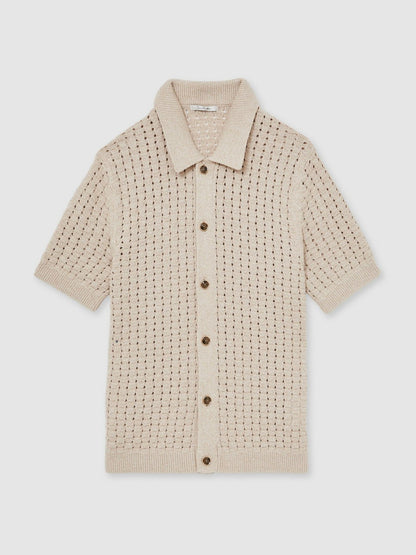 Reiss Offer - Basketweave Knit Button Through Cotton Blend Shirt in Stone