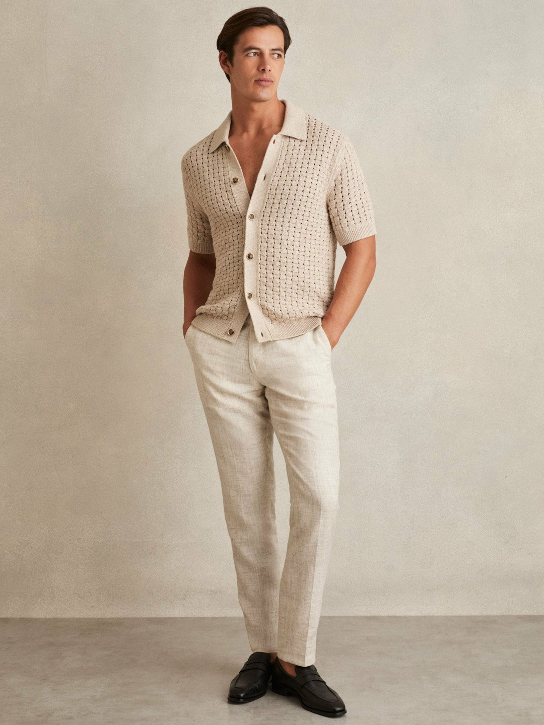 Reiss Offer - Basketweave Knit Button Through Cotton Blend Shirt in Stone