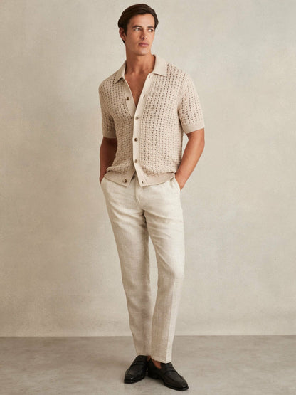 Reiss Offer - Basketweave Knit Button Through Cotton Blend Shirt in Stone