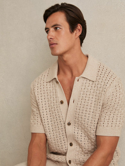 Reiss Offer - Basketweave Knit Button Through Cotton Blend Shirt in Stone