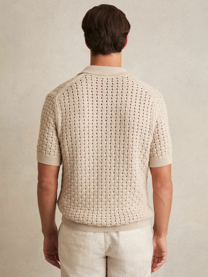 Reiss Offer - Basketweave Knit Button Through Cotton Blend Shirt in Stone