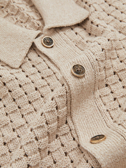 Reiss Offer - Basketweave Knit Button Through Cotton Blend Shirt in Stone