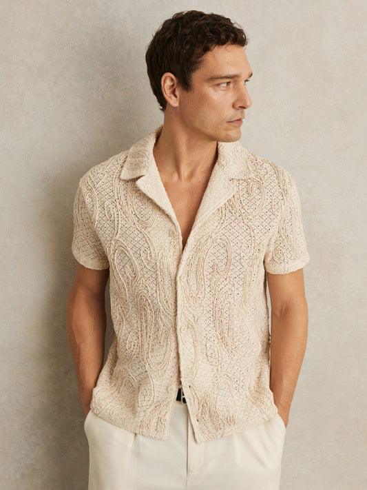 Reiss Offer - Cotton-Blend Embroidered Crochet Shirt in Oatmeal